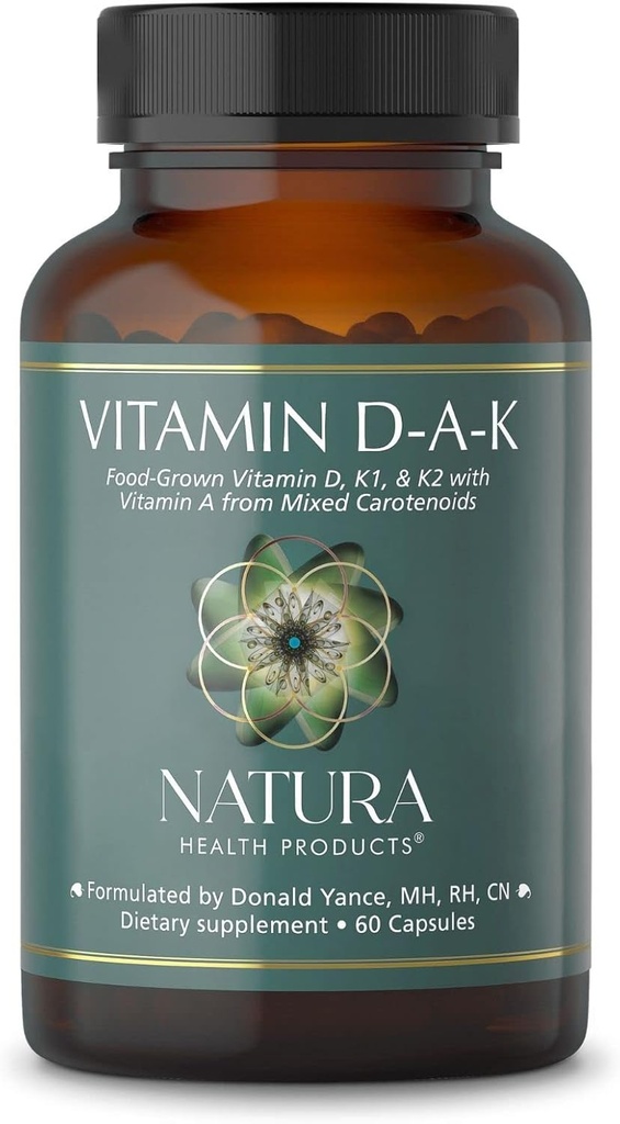 Produits de santé Natura Supplément Vitamine D-A-K - Soutient une fonction osseuse, cardiaque et visuelle saine, avec des vitamines D3 5000 UI, A 1000 UI, K2 50 mcg, K1 550 mcg, Biodisponible (60 capsules)