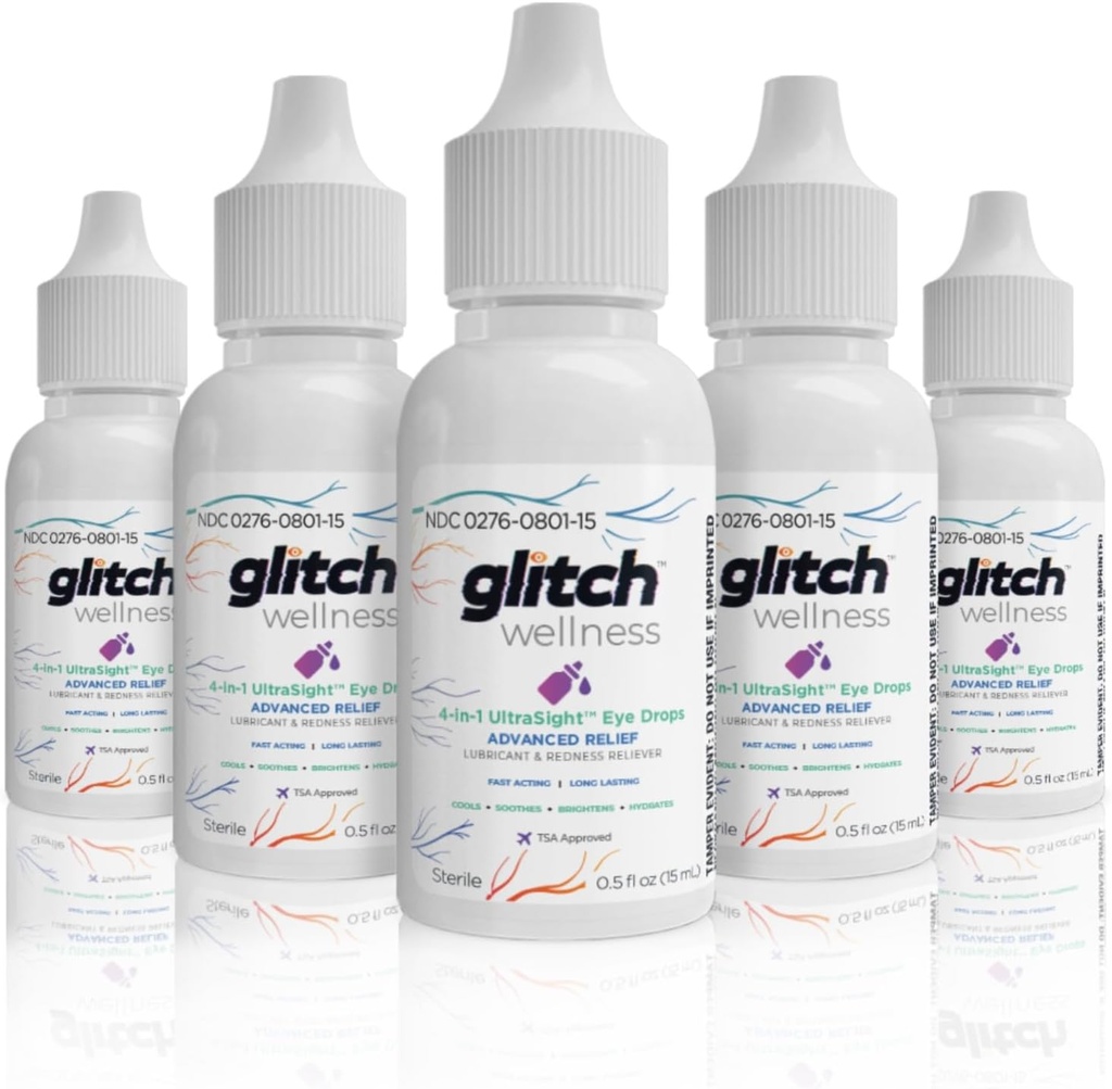 Glitch UltraSight gouttes oculaires pour les yeux secs 15mL - 4 en 1 gouttes oculaires sèches de secours avancées - Confort toute la journée avec hydratation, brillance, refroidissement - Apaise efficacement l'irritation et la sécheresse (5)