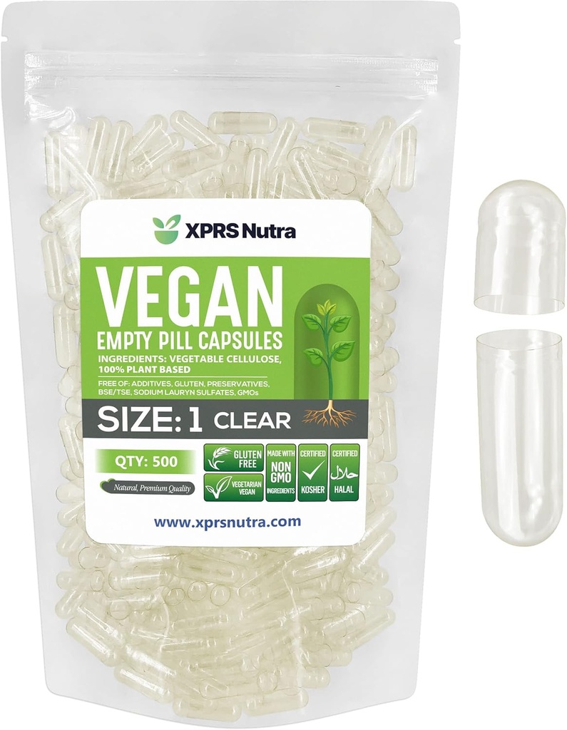 XPRS Nutra Taille 1 Capsules vides - 500 Compter Capsules vides vides Vegan - Pilules végétariennes - Bricolage Capsules végétales Remplissage- Bouchons de pilules pour Do-It-Youlf Suppléments