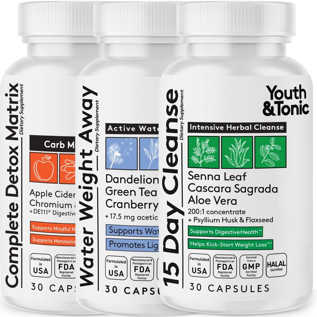 Youth & Tonic 3pk Detox Cleanse Kick-Off - Colon Cleanser & Water Loss Support - 15 Day Weight Management for Bloating & Water Retention Relief, Body, Gut & Colon Cleanse - 90 Capsules for Women & Men