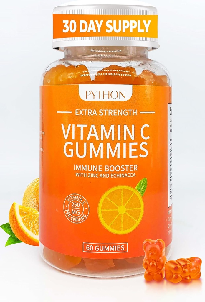 Python vitamine C + supplément d'échinacée pour l'immunité et la santé pulmonaire, soutient la production de collagène, l'hydratation de la peau, l'immunité et la santé, 60 Gummy Chews végétaliens pour adultes et enfants - 1 mois d'approvisionnement