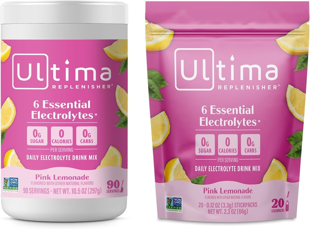 Ultima Replenisher Mélange de poudre d'électrolyte – Sans sucre – Cimonade rose, 90 boîtes de service et 20 sacs à bâton – 6 électrolytes et minéraux – Keto Friendly, Vegan, Non-OGM