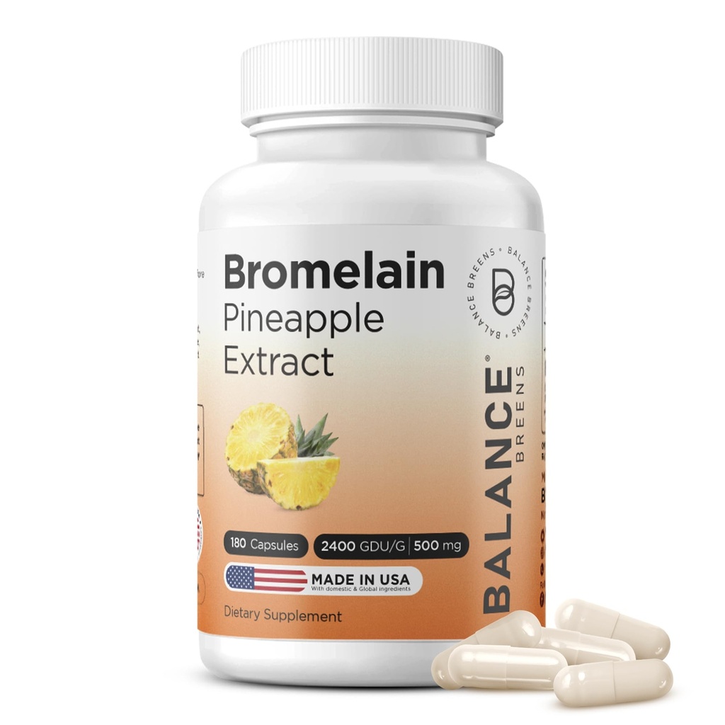 Balancebreens Bromelain 500mg Capsules – Supplément d'extrait d'ananas GDU 2400 pour le soutien des articulations, le soutien de l'gonflement naturel et la digestion saine – 180 Capsules fabriqués aux États-Unis