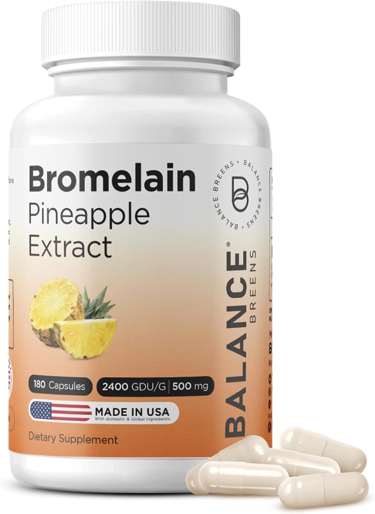Balancebreens Bromelain 500mg Capsules – Supplément d'extrait d'ananas GDU 2400 pour le soutien des articulations, le soutien de l'gonflement naturel et la digestion saine – 180 Capsules fabriqués aux États-Unis