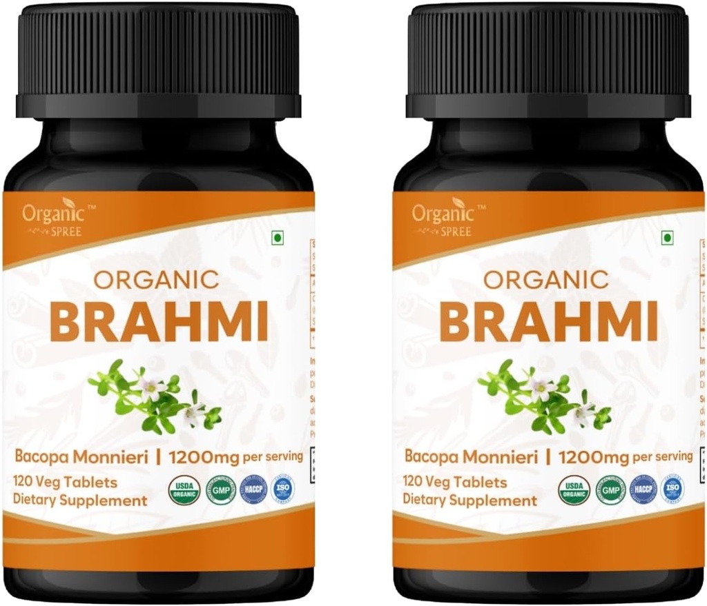 Brahmi 120 Comprimés – Supplément biologique de Bacopa Monnieri de l'USDA – Soutient Focus, Calme et Mémoire – Nootrope à base de plantes* - Pack de 2