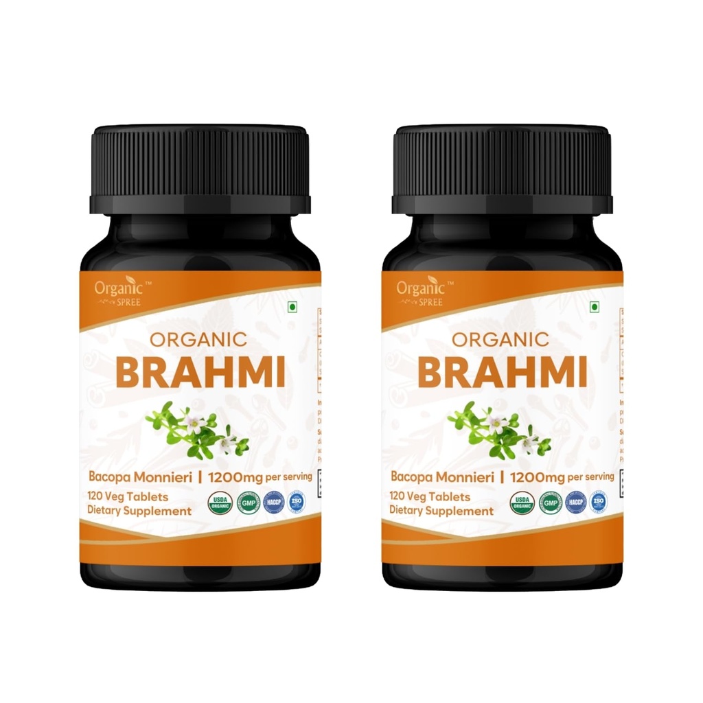 Brahmi 120 Comprimés – Supplément biologique de Bacopa Monnieri de l'USDA – Soutient Focus, Calme et Mémoire – Nootrope à base de plantes* - Pack de 2