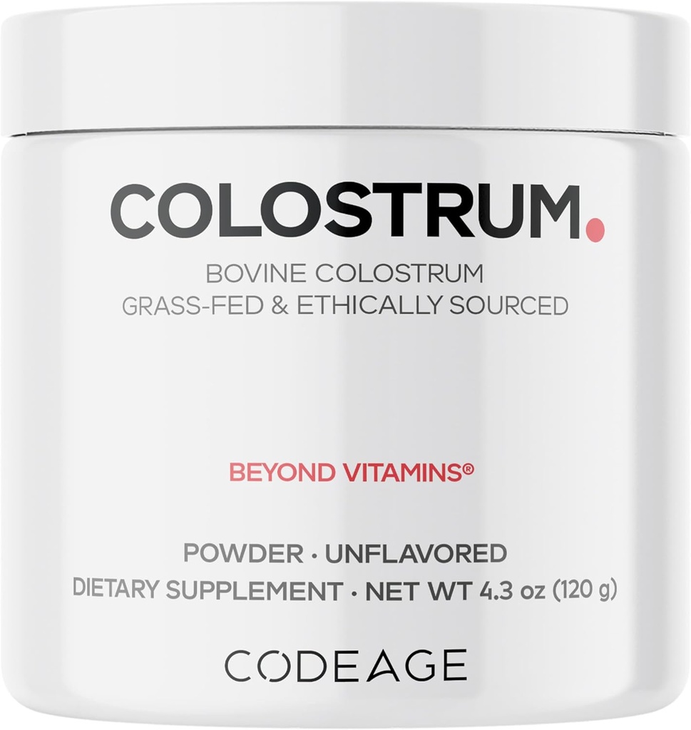 Codeage Bovine Colostrum Supplément en poudre 4-Mois, 1000mg par portion, Source éthique d'herbe, Immunoglobuline-Rich Prix Premier lait, Pasteurisé à la chaîne froide, Aggloméré, Non-OGM, 4.3 OZ