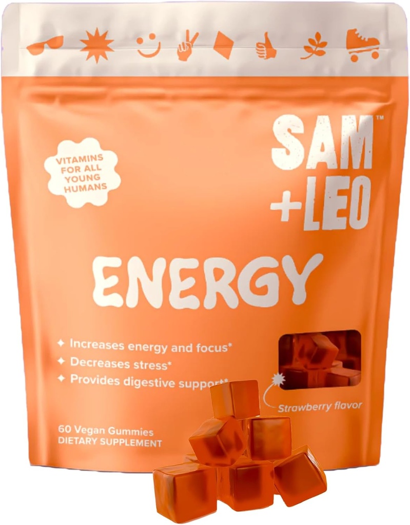 SAM+LEO Gommies d'énergie pour les enfants- avec biotine, vitamine C, B3, B6 et B12 - Tous les Gommy naturels et végétaliens pour l'énergie et le supplément Focus pour les enfants - Stress et soutien digestif, Gommies de fraises - 60/ct