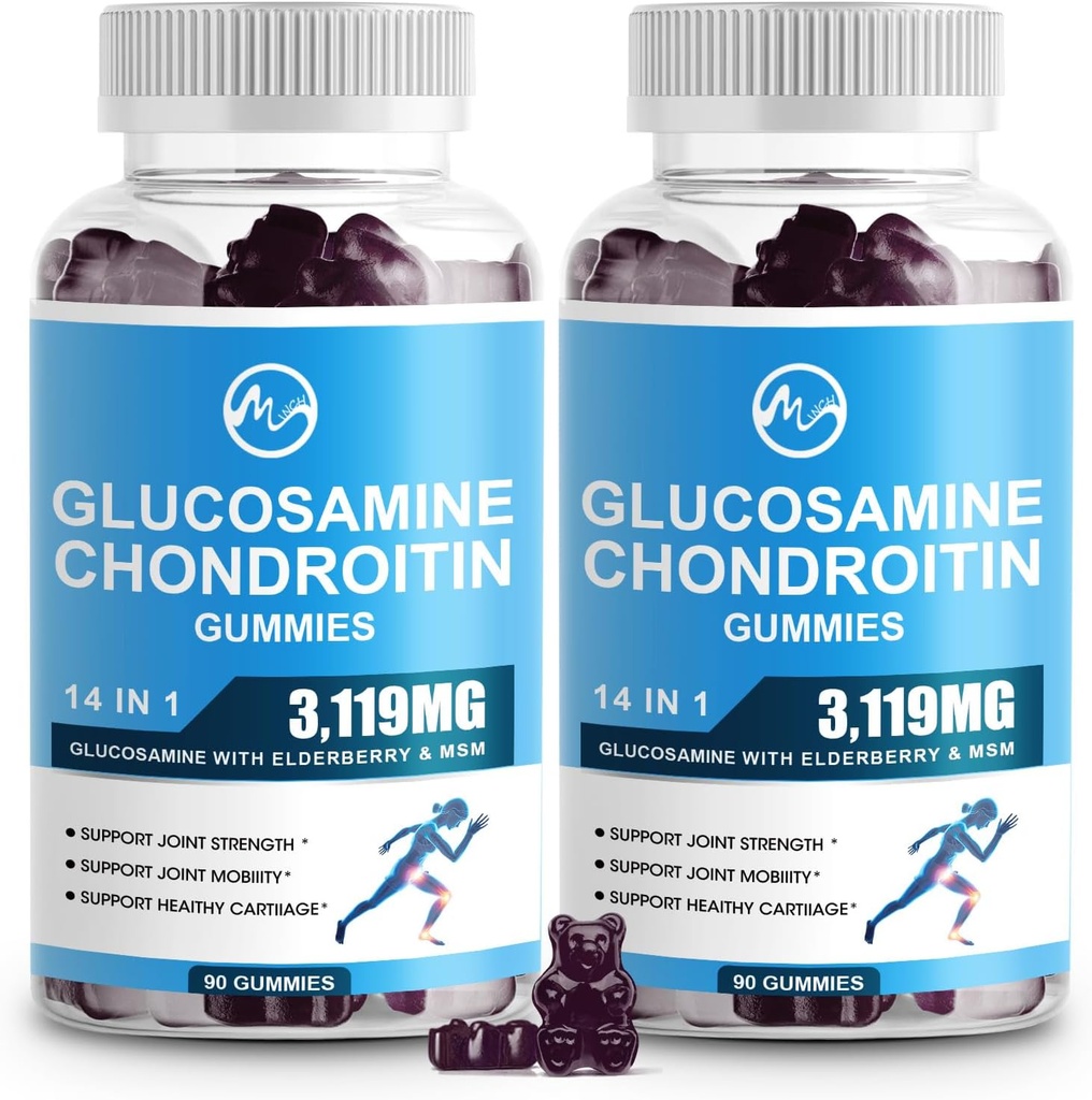 M inch Glucosamine Chondroitin Gummies, 1500mg Glucosamine et 1000mg MSM par portion, Supplément de soutien conjoint pour les adultes, Arôme de la mûre aînée, 45 portions(paquet de 2)