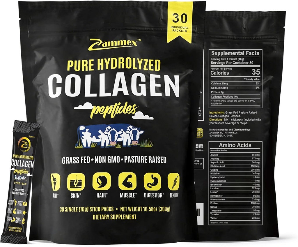 Zammex Premium Collagen Peptides Poudre, 30 Sticks Packets de Voyage(Type I, III), Non aromatisé Collagène Protéine Poudre à Go, Hydrolyzed Collagen Peptide pour les cheveux de peau Nail Joint, 10g par service