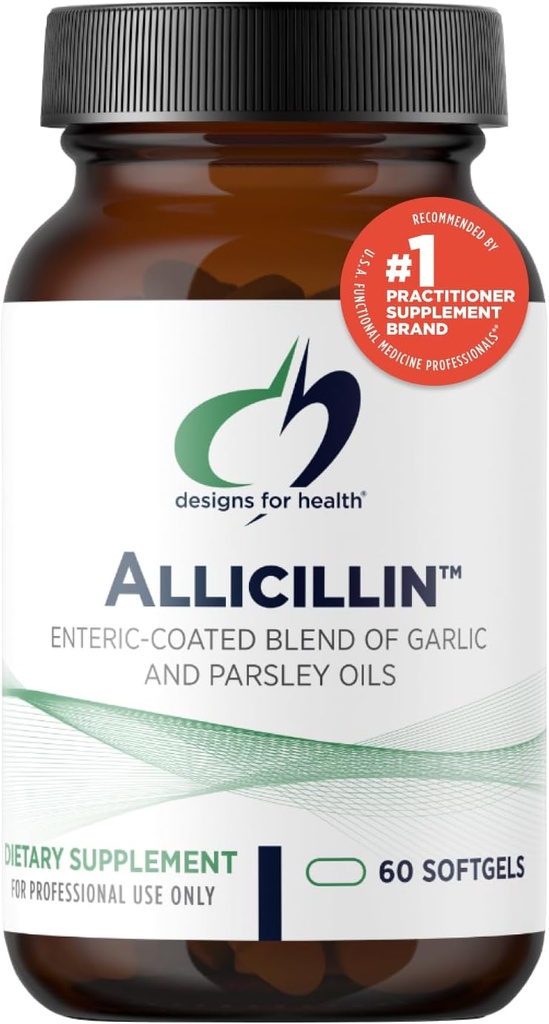 Designs for Health Allicilline - Supplément d'allicine avec 200mg huile d'ail + huile de persil - pilules d'ail avec des sulfures puissants - enduit entérique pour aider à réduire l'odeur, non-OGM (60 Softgels)