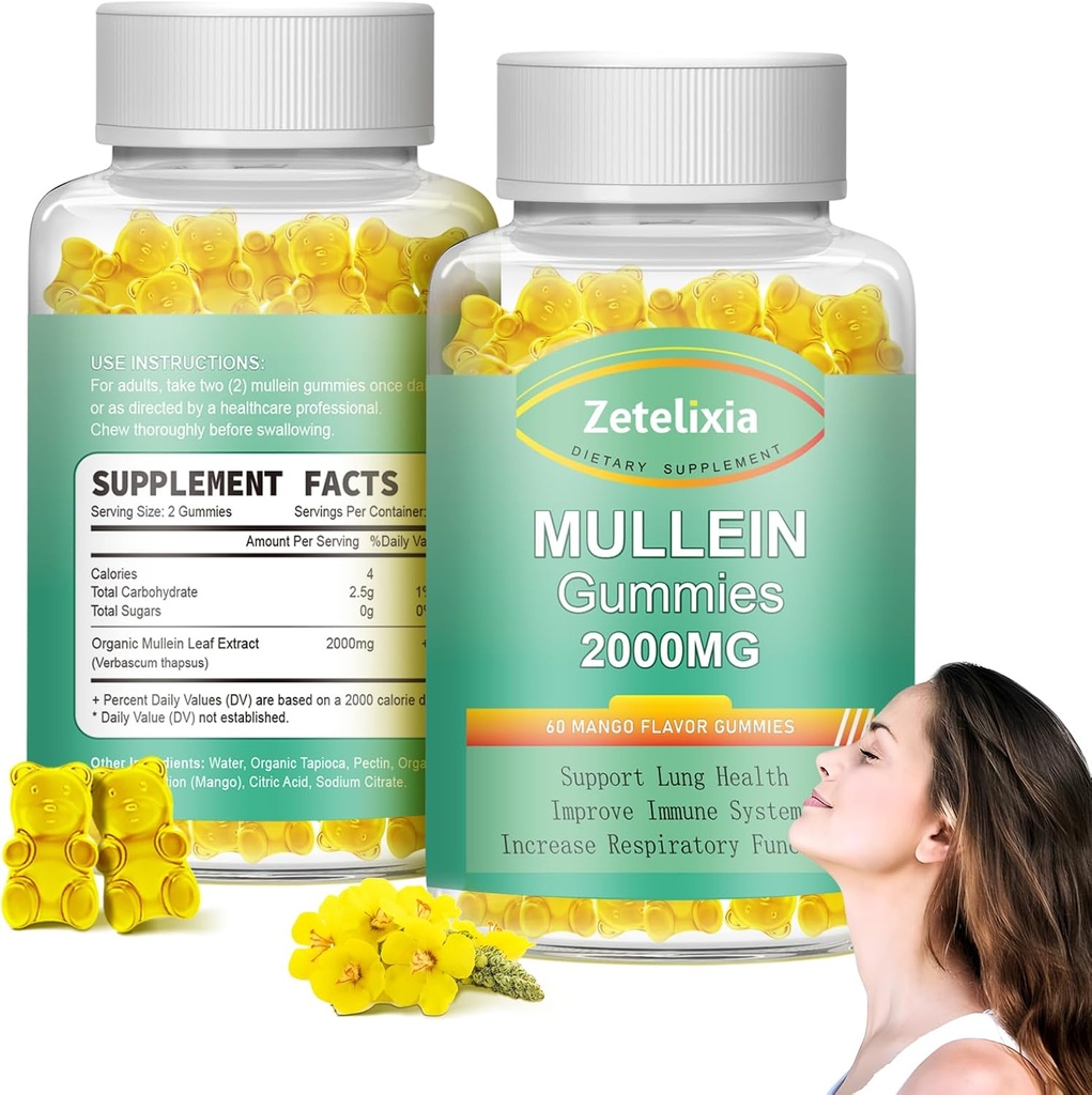 2 Pack Mullein Gummies - Mullein Leaf Extract pour les poumons, Lung Detox Cleanse pour les fumeurs,Mullein Lung Supplément de soutien pour le soutien immunitaire,Mucus Relief,120 légumes sans sucre
