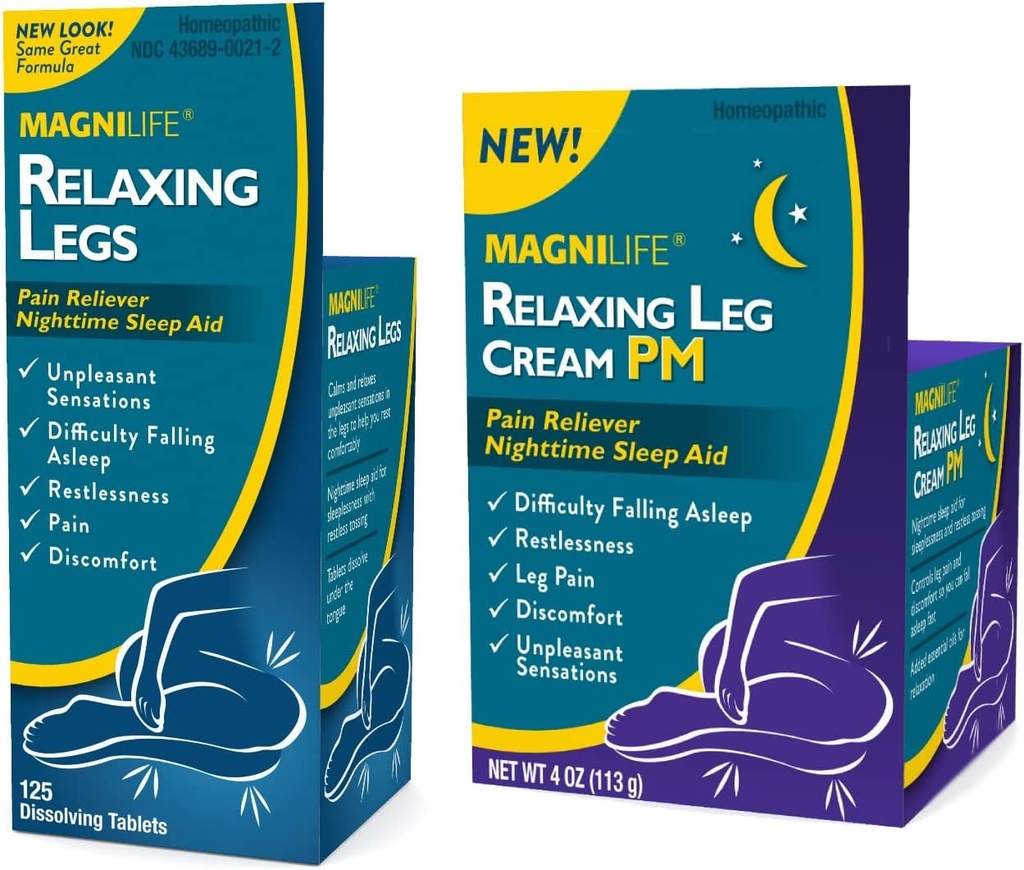 MagniLife Relaxing Legs 125 Count Quick Dissolve Tablets Relaxing Leg Cream PM 4oz Jar Restless Legs