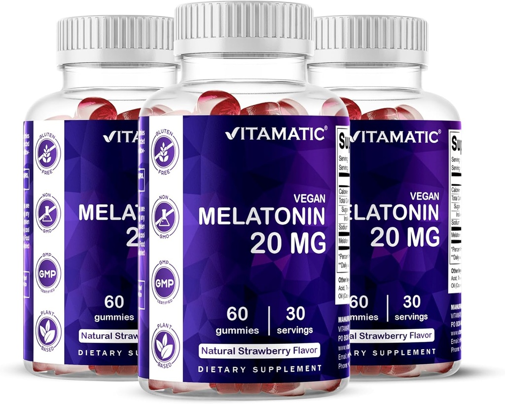 Mélatonine vitamatique 20 mg Gummies pour adultes, 30 portions - 60 Gummies végétariennes - Supplément de formation non-habitant