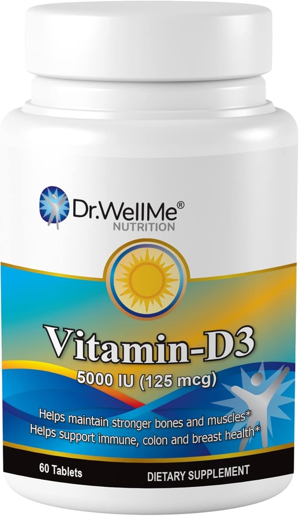 Vitamine D3-5000 UI, supplément diététique extra-fort pour les os, les muscles et le soutien immunitaire sain, 60 comprimés faciles à avaler emballés pour 2 mois d'approvisionnement