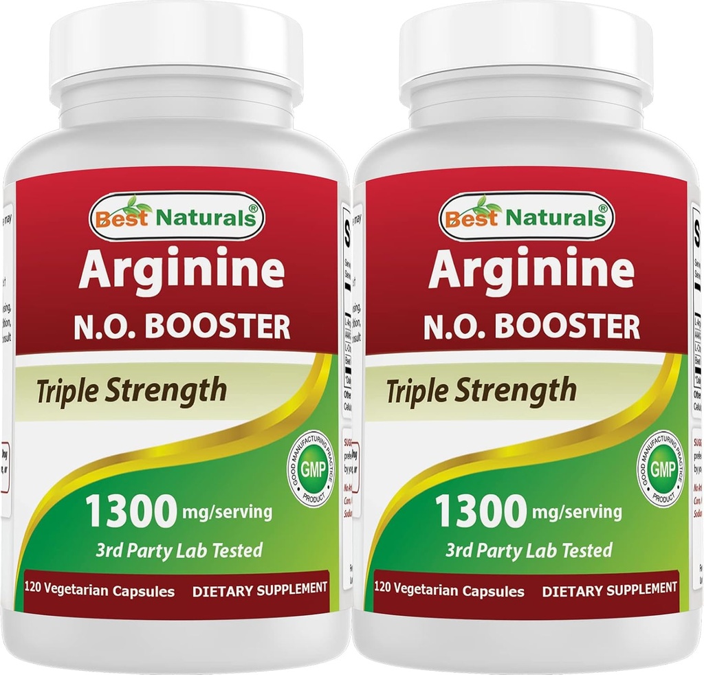 Best Naturals L-Arginine NO Booster Triple Strength 1300 mg Servant 120 Capsules de Veg (120 Nombre (paquet de 2))