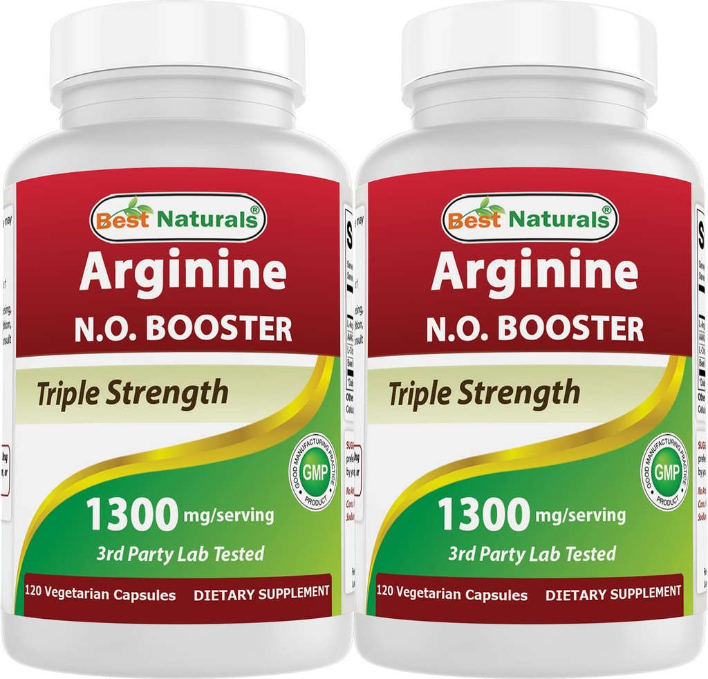 Best Naturals L-Arginine NO Booster Triple Strength 1300 mg Serving 120 Veg Capsules (120 Count (Pack of 2))