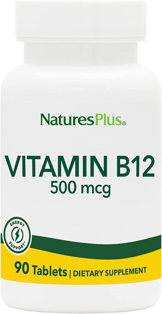 Natures Plus Vitamine B12 (méthylcobalamine) - 500 mcg, 90 comprimés végétariens - Soutien de cellules sanguines rouges de haute puissance - Booster d'énergie naturelle, favorise la santé générale - Sans gluten - 90 portions