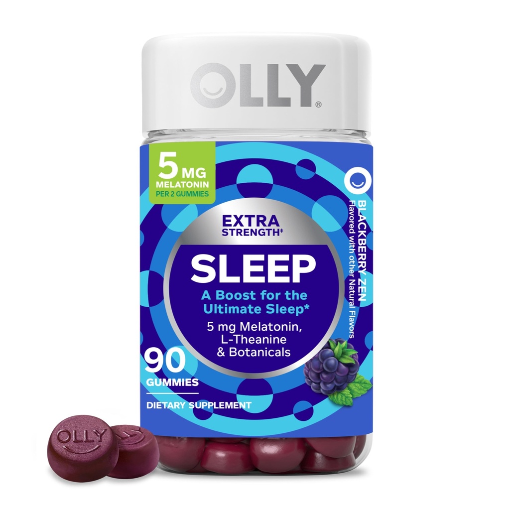 OLLY Extra Strength Sommeil Gummy 5 mg Mélatonine, L-Theanine, Camomille, Extraits de baume de citron, Aide au sommeil, BlackBerry Flavor - 90 Compte
