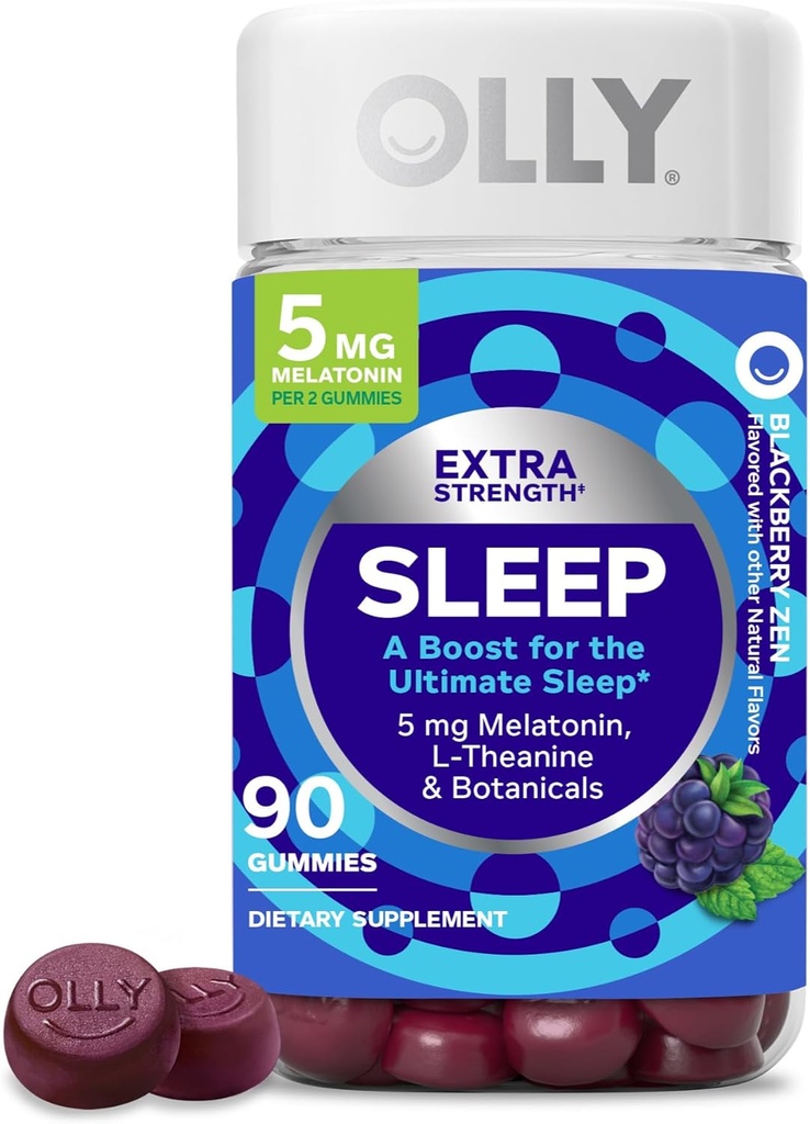 OLLY Extra Strength Sommeil Gummy 5 mg Mélatonine, L-Theanine, Camomille, Extraits de baume de citron, Aide au sommeil, BlackBerry Flavor - 90 Compte