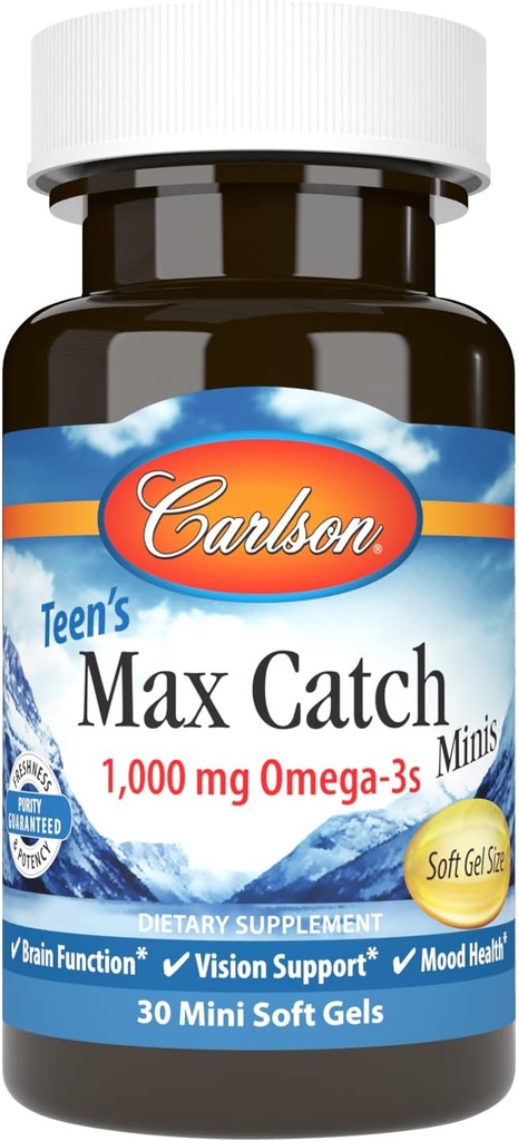 Carlson - Minis Max Catch des adolescents, 1000 mg Oméga-3s, Santé du cerveau, Soutien de la vision, Santé de l'humeur, 30 Softgels