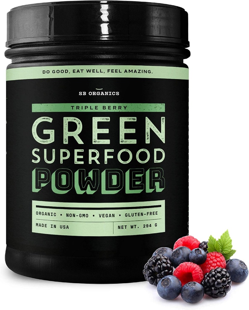 Sun Bay Foods Triple Berry Green Superfood Poudre de boisson sans OGM Super Greens Blend.