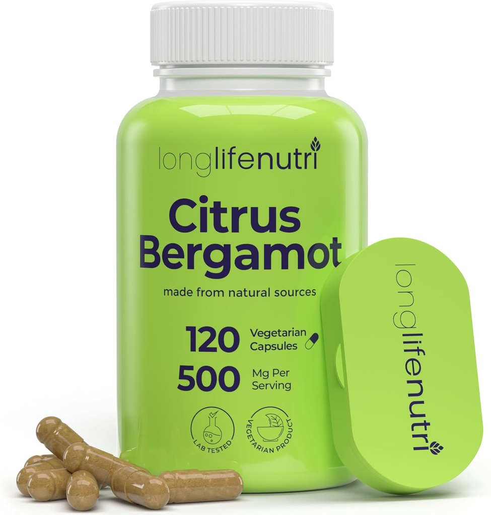 LongLifeNutri Citrus Bergamot Extract 500mg - 120 Capsules végétariennes, 40% Flavanones polyphénoliques, 4 mois d'approvisionnement, anti-oxydant à base végétale, testé, fabriqué aux États-Unis