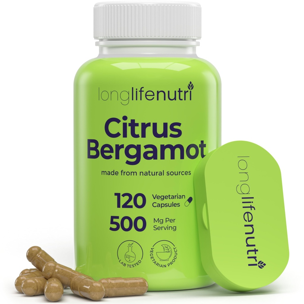LongLifeNutri Citrus Bergamot Extract 500mg - 120 Capsules végétariennes, 40% Flavanones polyphénoliques, 4 mois d'approvisionnement, anti-oxydant à base végétale, testé, fabriqué aux États-Unis