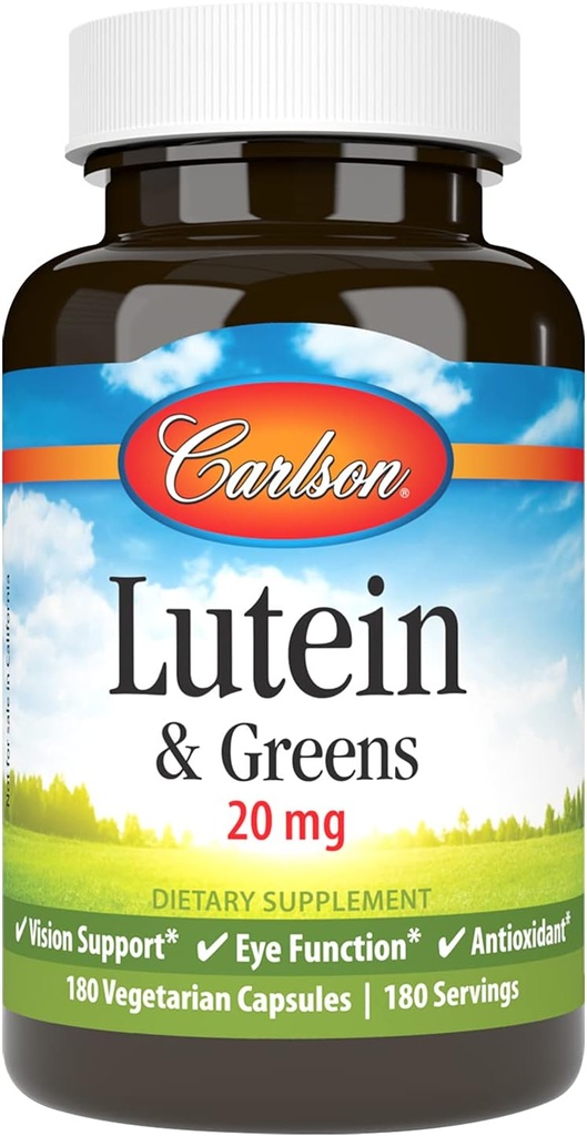 Carlson - Lutéine et Verts, 20 mg, Support de la vision et fonction oculaire, Antioxydant, 180 capsules végétariennes