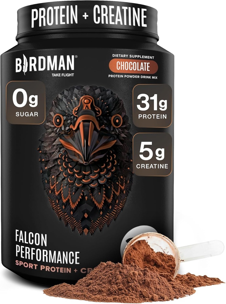 Birdman Falcon Performance Poudre de protéines végétaliennes, 31g Protéines, 5g de créatine, 5g BCAA, Probiotiques, Electrolytes, Préentraînement, Faible Carb, Sans sucre et Sans lait, Protéines de chocolat à base de plantes -19 portions