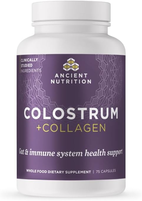 Ancient Nutrition Colostrum Superfood + Collagène, Foie d'herbe Colostrum, Colagène à membrane de coquille d'oeuf fermentée, soutient le microbiome de Gut sain et le système immunitaire, 75 Comte