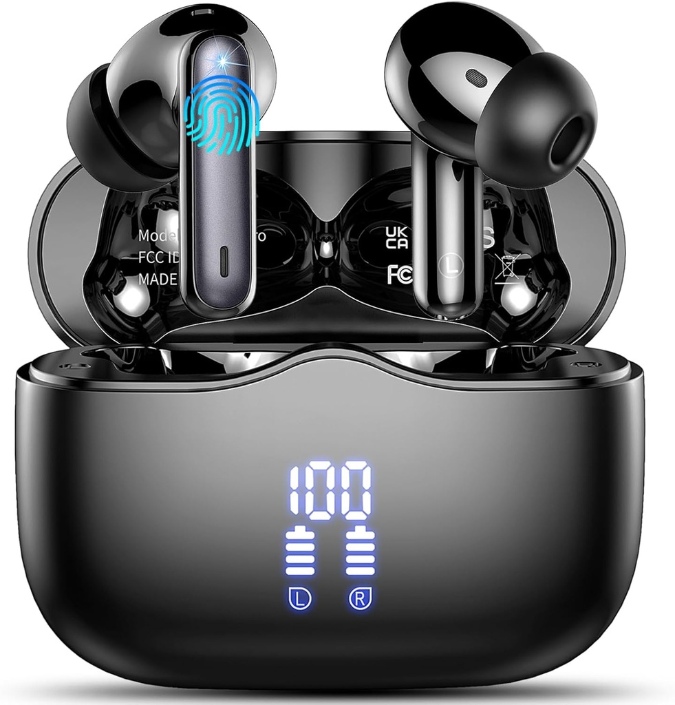 Ecouteurs sans fil Bluetooth 5.3 Casques d'écoute en oreille avec 4 ENC Noise Cancelling Mic, HiFi Stereo Deep Bass Earphones sans fil 40H Playtime, dans l'oreille Ecouteur Bluetooth double affichage LED IP7 étanche, USB-C
