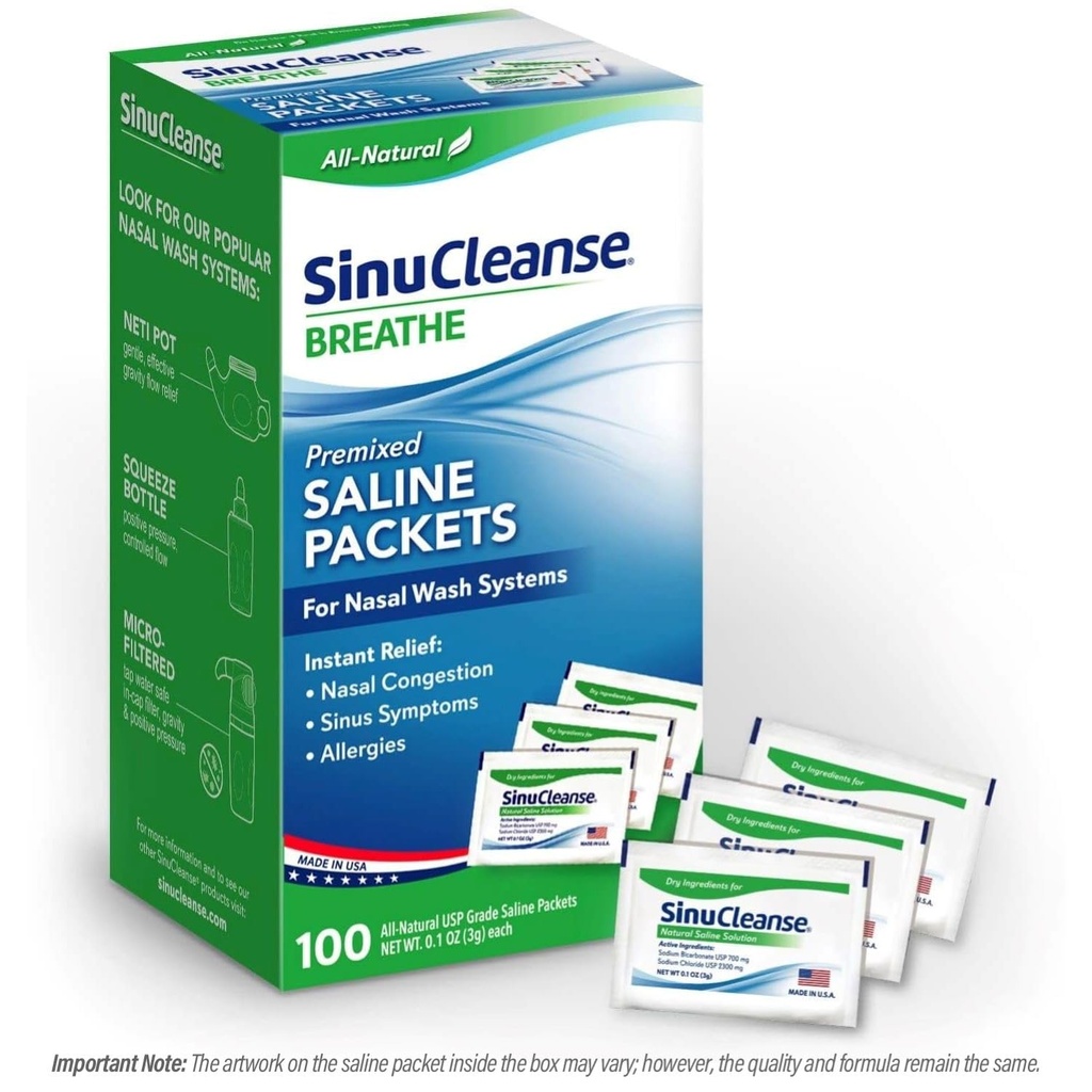 SinuCleanse Pré-Mixed Saline Packets pour les systèmes d'irrigation sinusale et nasale, 100 comtes, fabriqués aux États-Unis, tous naturels, de qualité pharmaceutique et équilibré en PH