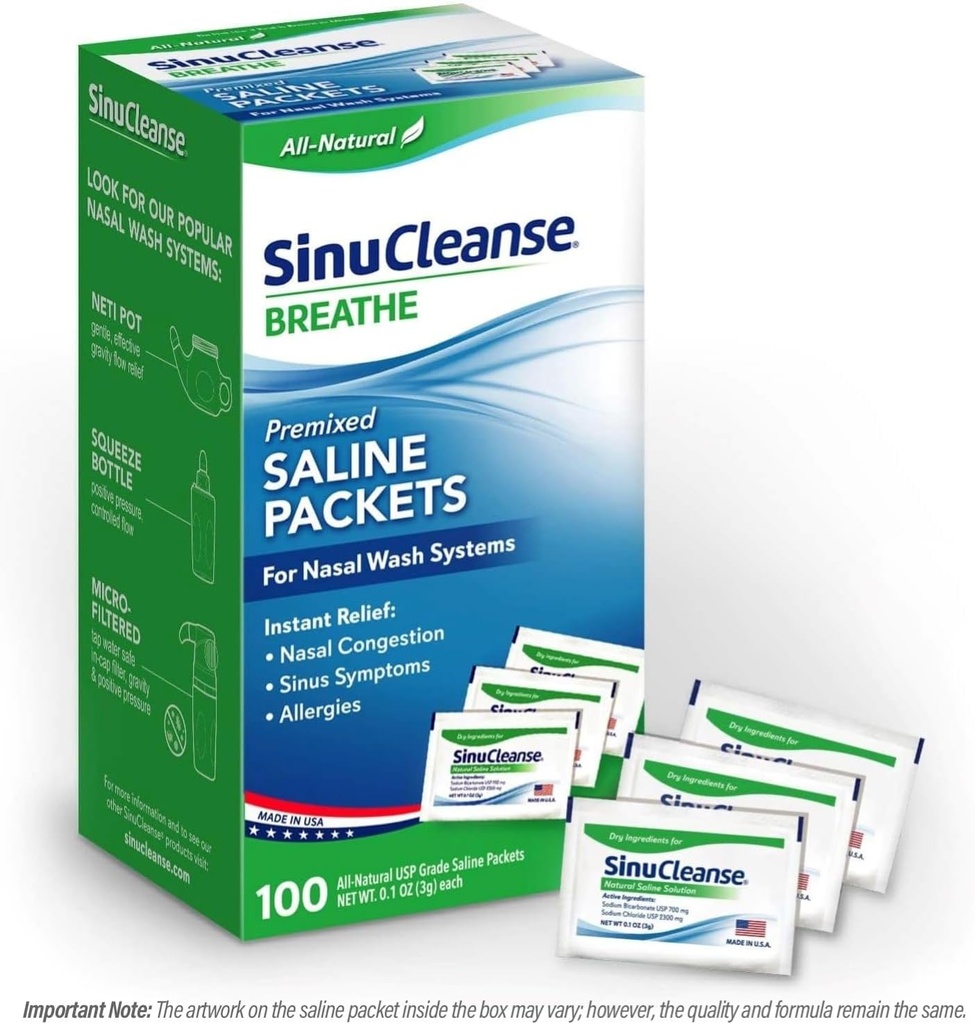 SinuCleanse Pré-Mixed Saline Packets pour les systèmes d'irrigation sinusale et nasale, 100 comtes, fabriqués aux États-Unis, tous naturels, de qualité pharmaceutique et équilibré en PH
