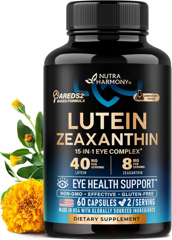 Vitamines oculaires - Suppléments de lutéine et de zéaxanthine - Supplément basé sur AREDS2 pour les aînés et les adultes - Soutien de la santé oculaire et de la vision - Safran, zinc, vitamines, cuivre, super verts - Fabriqué aux États-Unis, 60 capsules