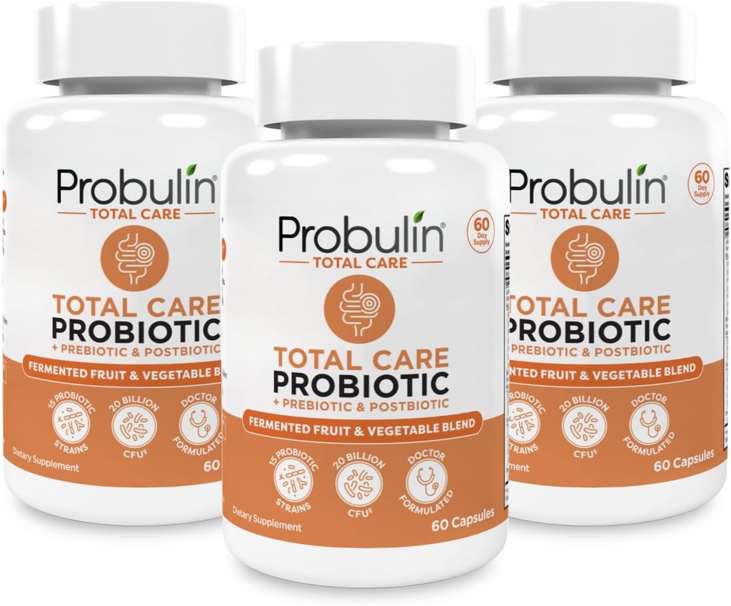 Probuline Total Care Pre + Pro + Postbiotique, 20 Million CFU, 60 Capsules Vegan (Pack de 3)
