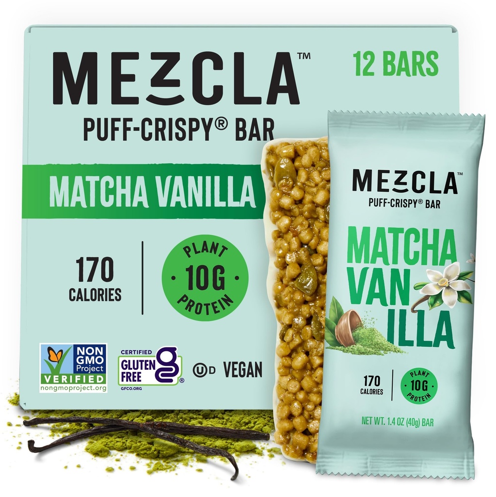 Barres protéinées croustillantes de Mezcla Puff, barres protéinées sans gluten et végétaliens, 10g de protéines, Alt pour le riz croustillant, barres Granola et barres de petit déjeuner, collations saines pour les adultes, Matcha Vanilla, 12 Pack
