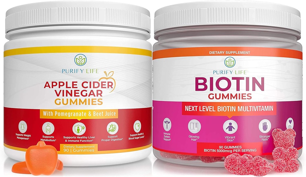 Purify Life Cider Vinegar & Biotin Bundle, Gummies pour la peau des cheveux et les ongles (Bulk - 90 Chews), Gut Health & Digestion, Immune Support, Detox, Métabolisme- Pas de capsules, pilules, comprimés ou sirop
