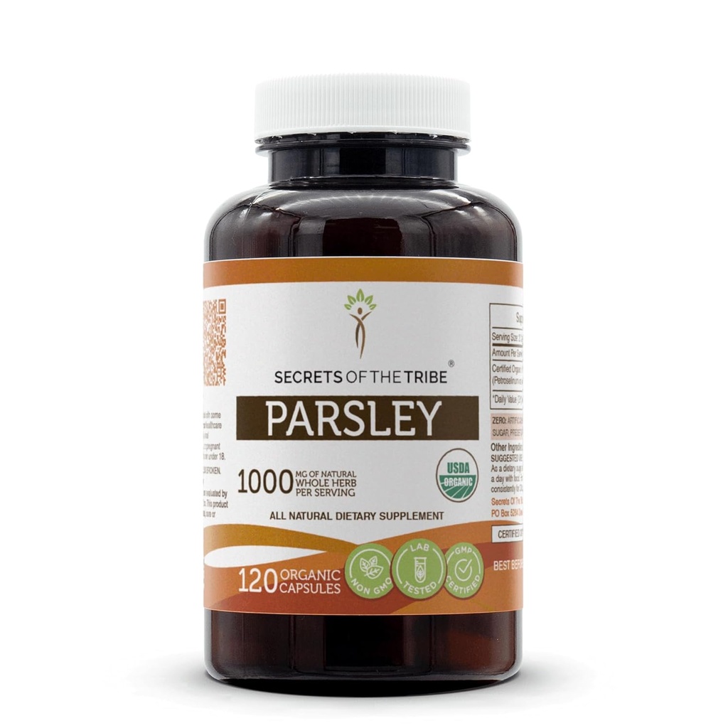 Secrets de la Tribe Persley USDA Organic.Fabriqué avec des capsules végétariennes et du persil biologique certifié (Petroselinum crispum) Feuille séchée (120 capsules)