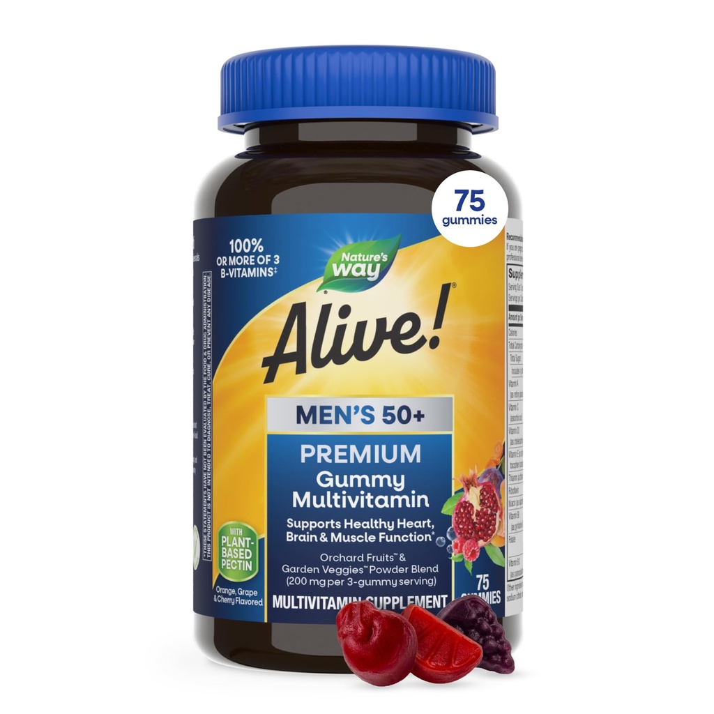 La nature est vivante ! Hommes 50+ Premium Gummy Multivitamine, soutient le coeur sain, le cerveau et la fonction musculaire*, B-Vitamines, végétarien, raisin, orange et aromatisé cerise, 75 Gummies