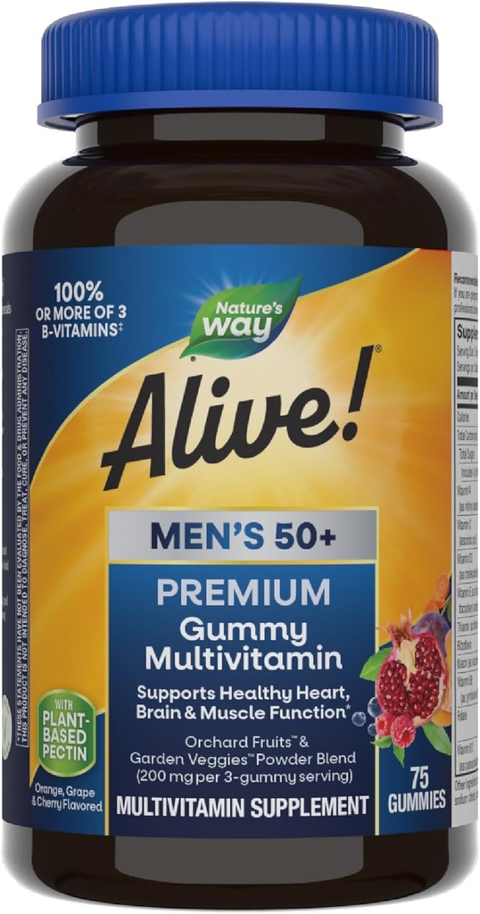 La nature est vivante ! Hommes 50+ Premium Gummy Multivitamine, soutient le coeur sain, le cerveau et la fonction musculaire*, B-Vitamines, végétarien, raisin, orange et aromatisé cerise, 75 Gummies