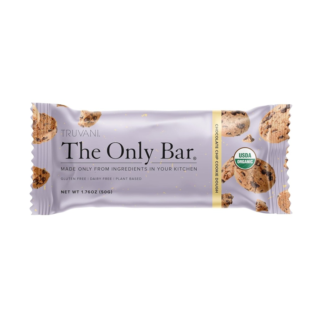 Truvani Plant based Snack Bars , Chocolate Chip Cookie Dough 1 Pack , 5g Protéines , USDA Organic et Vegan , le seul bar , sans lait , soja et sans gluten , emballé individuellement