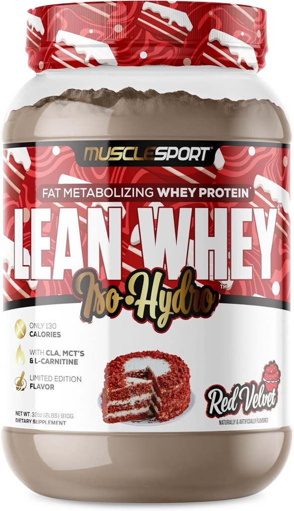 Musclesport Lean Whey RevolutionTM Poudre de protéines - Isolation de protéines de lactosérum - Faible teneur en calories, faible teneur en glucides, faible teneur en gras, colorants incroyables - 25g de protéines par scoop - 2lb de velours rouge