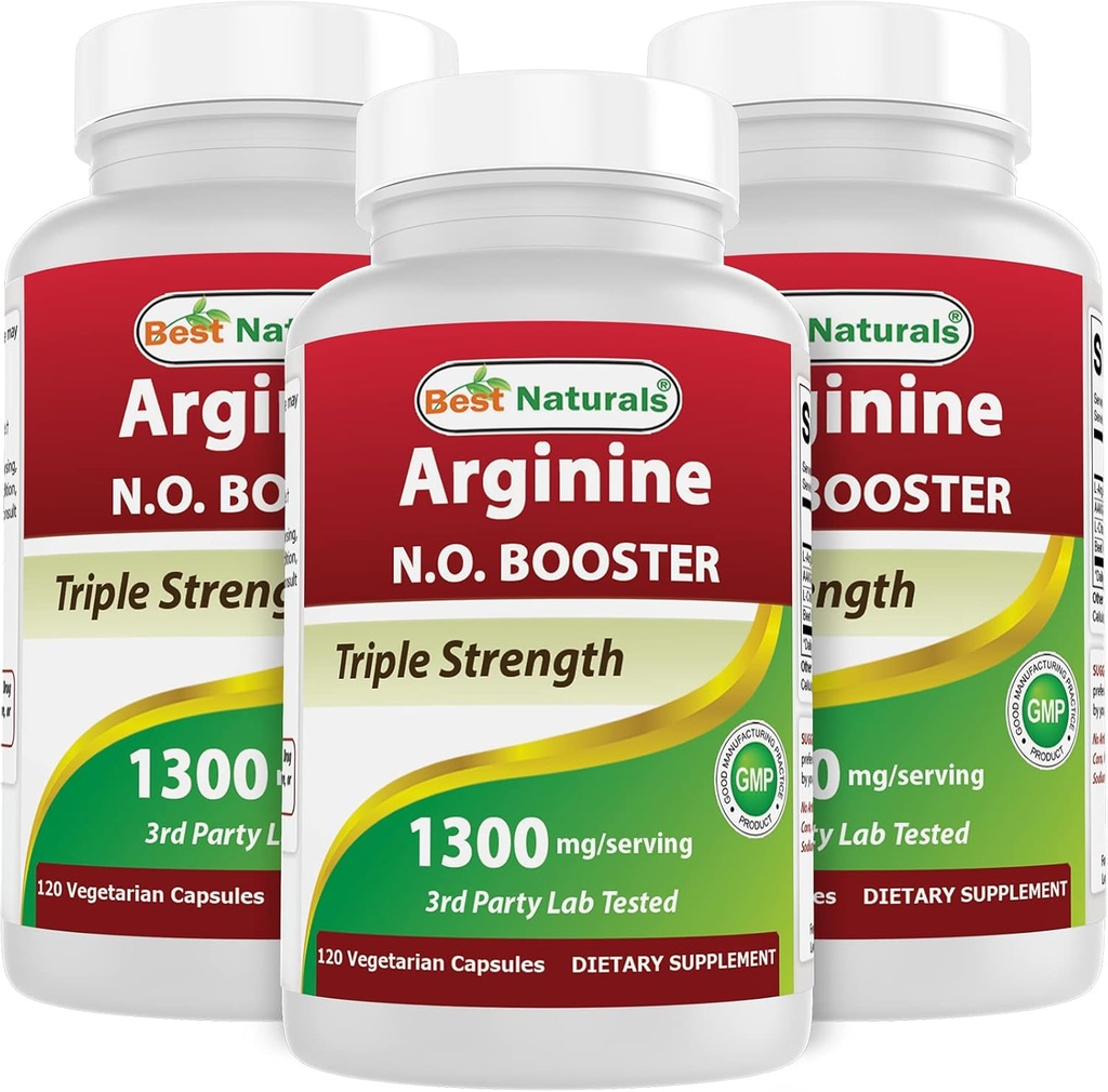 Best Naturals L-Arginine NO Booster Triple Strength 1300 mg Servant 120 Capsules de Veg (120 Nombre (paquet de 3))