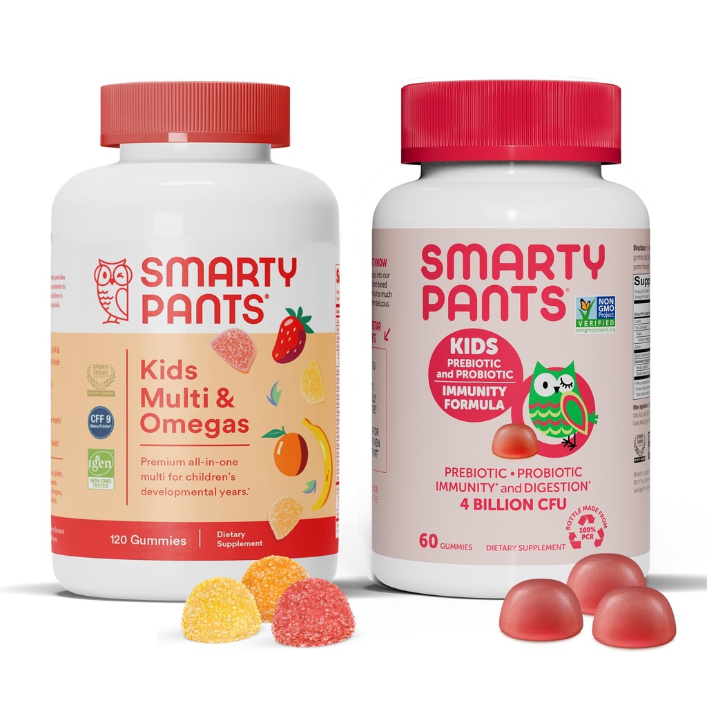 SmartyPants Gummies multivitamines pour enfants et ensemble d'immunité probiotique: Omega 3 Huile de poisson (EPA/DHA), vitamine D3, C, vitamine B12, B6, supplément de soutien digestif et immunitaire (30 jours)