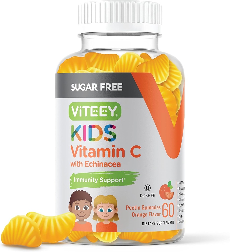 Viteey Kids Vitamin C Gummies 75mg, with Echinacea - Sugar Free - Immune Support for Toddlers, & Teens - Vegan, Gelatin Free, Gluten Free, GMO Free - Tasty Orange Flavored Kids Immunity Gummy