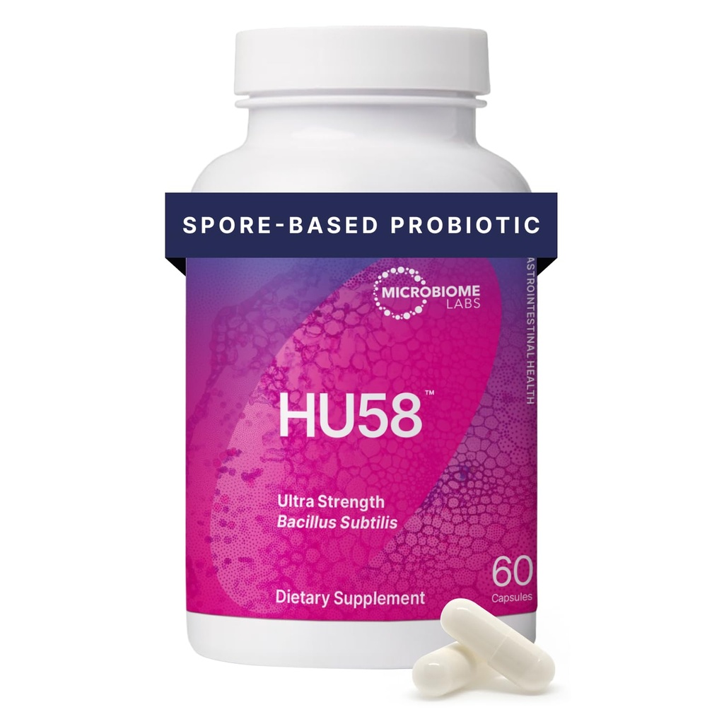 Microbiome Labs HU58 Bacillus Subtilis Probiotiques pour les femmes et les hommes - Probiotique de spore haute puissance pour la santé digestive et le soutien immunitaire - Capsules quotidiennes avec 10 Million CFU (60 Capsules)