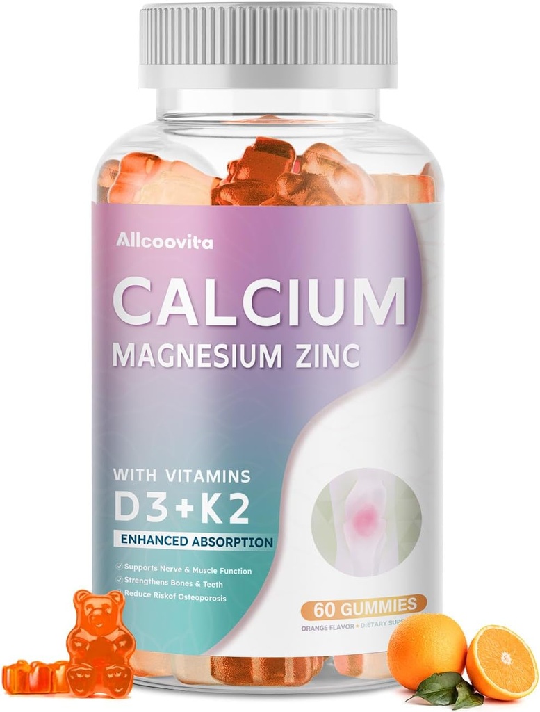 Gommies de zinc de magnésium de calcium avec vitamine D3 et K2 - Absorption accrue de haute puissance -60 Gommes d'orange Aromatisés.