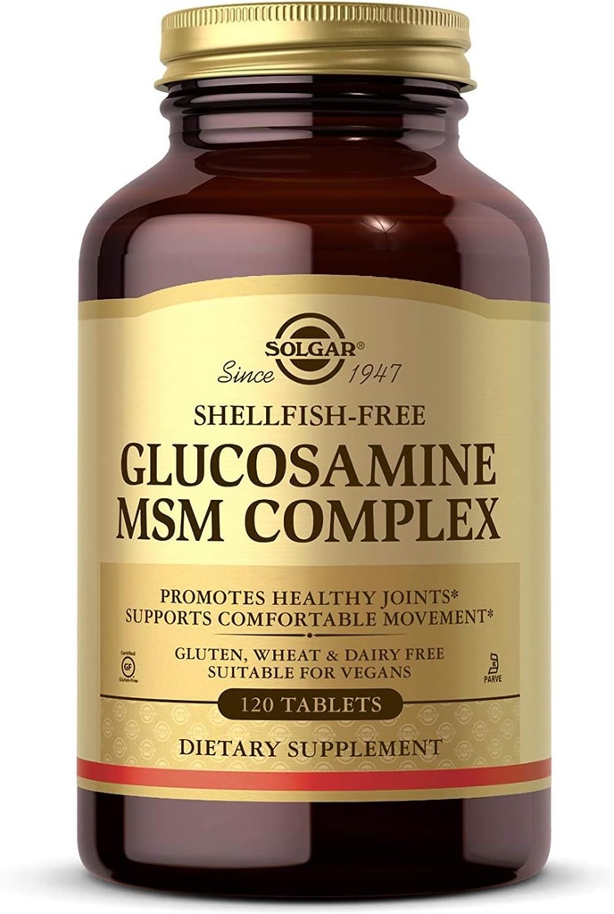 Solgar Glucosamine MSM Complex, 120 comprimés - Promotion de articulations saines - Soutiens Gamme de mouvement et de flexibilité - Soutiens Collagène - Sans mollusques - Sans gluten, sans produits laitiers, sans casher - 40 portions