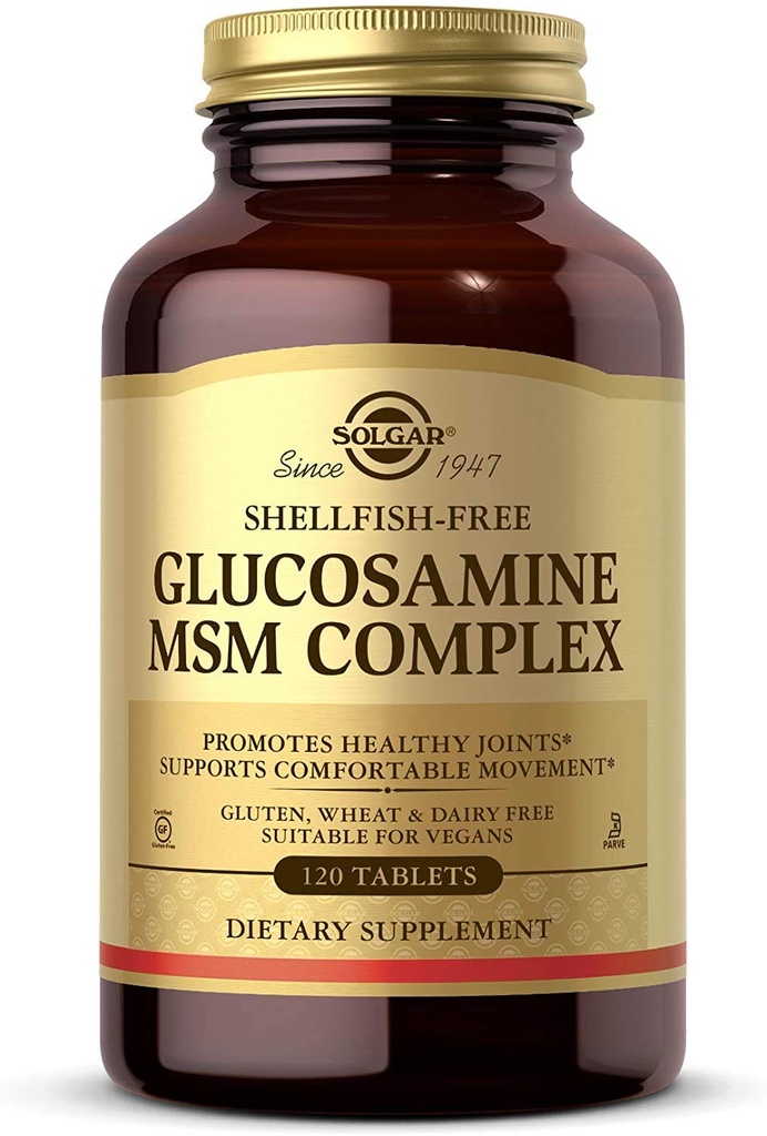 Solgar Glucosamine MSM Complex, 120 comprimés - Promotion de articulations saines - Soutiens Gamme de mouvement et de flexibilité - Soutiens Collagène - Sans mollusques - Sans gluten, sans produits laitiers, sans casher - 40 portions
